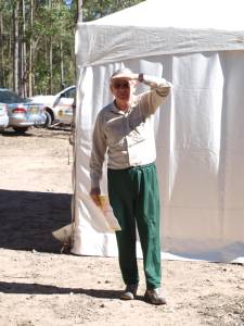 Ian Chappell beside admin tent